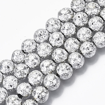 Electroplated Natural Lava Rock Beads Strands, Round, Bumpy, Silver, 10.5mm, Hole: 1mm, about 39pcs/Strand, 15.55 inch(39.5cm)