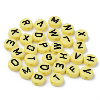 Opaque Acrylic Beads, Horizontal Hole, Flat Round with Black Random Letters, Yellow, 10x4.5mm, Hole: 2mm, about 1600pcs/500g