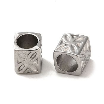 Tarnish Resistant 304 Stainless Steel European Beads, Large Hole Beads, Cuboid with Flower, Stainless Steel Color, 7x6x6mm, Hole: 4.5mm