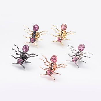 Brass Micro Pave Cubic Zirconia Brooches, Ant, Mixed Color, 28~29x34~36x5mm, Pin: 1.2mm