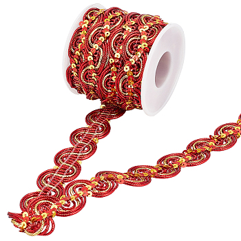 15 Yards Sparkle Polyester Lace Ribbon, Wave Edge Lace Trimming with Paillette, Clothing Accessories, Dark Red, 7/8 inch(23mm)