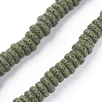 Natural Lava Rock Beads Strands, Dyed, Flat Round/Disc, Dark Olive Green, 8~8.5x3~4mm, Hole: 2mm, about 54~60 pcs/Strand, 7.87 inch(20 cm)