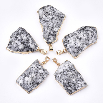 Electroplate Natural Snowflake Obsidian Pendants, with Brass & Iron Findings, Faceted, Nugget, Golden, 30~76x20~45x10~15mm, Hole: 4.5x8mm