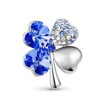 SHEGRACE Glamorous Platinum Plated Zinc Alloy Brooch, Micro Pave AAA Cubic Zirconia Four Leaf Clover with Austrian Crystal, 369_Cobalt, 25x22mm