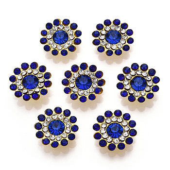 Rhinestone Buttons, with Golden Tone Iron Findings, Flower, Sapphire, 14x5mm