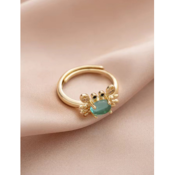 Brass Micro Pave Cubic Zirconia Adjustable Finger Rings, Crab, Golden, Turquoise, Inner Diameter: 17mm