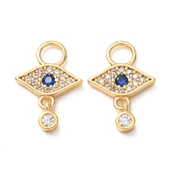 Brass Micro Pave Marine Blue Cubic Zirconia Charms, Evil Eye Charms, Rack Plating, Long-Lasting Plated, Cadmium Free & Lead Free, Real 18K Gold Plated, 15x10.5x3mm, Hole: 3mm