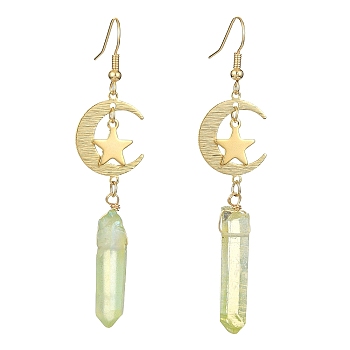 Electroplated Natural Quartz Crystal Dangle Earrings, with Brass Real 24K Gold Plated Link Connectors and 304 Stainless Steel Charms, Moon/Star, 72~74x16.5mm