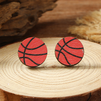 Wooden Stud Earrings, Basketball