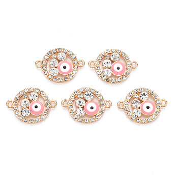 Rack Plating Alloy Enamel Links Connectors, with Crystal Rhinestone, Cadmium Free & Nickel Free & Lead Free, Flat Round with Eye, Light Gold, Flamingo, 23x17x3mm, Hole: 1.6mm