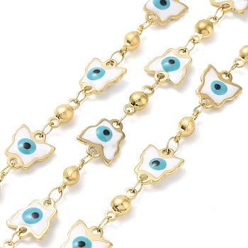 Ion Plating(IP) Enamel Butterfly with Evil Eye Link Chains, with Gold Plated 304 Stainless Steel Findings, Unwelded, with Spool, White, 10x8.5x2mm, 8.5x4x3.5mm