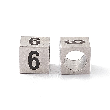 303 Stainless Steel European Beads, Large Hole Beads, Cube with Number, Stainless Steel Color, Num.6, 7x7x7mm, Hole: 5mm