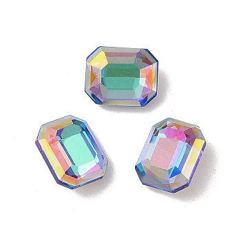 Glass Rhinestone Cabochons, Flat Back & Back Plated, Faceted, Rectangle, Bermuda Blue, 10x8x5mm