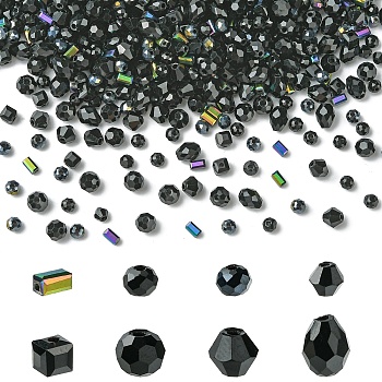 8 Strands 8 Styles Glass Bead Strands, Faceted, Mixed Styles, Black, 4~8x2.5~6x2.5~6mm, Hole: 0.4~1.2mm
