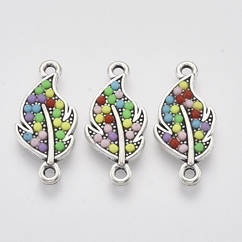 Antique Silver Tone Alloy Links connectors, with Resin, Leaf, Colorful, 25x11.5x2.5mm, Hole: 1.6mm