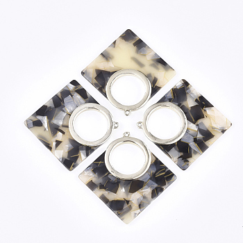 Cellulose Acetate(Resin) Big Pendants, with Alloy Findings, Rhombus, Light Gold, Antique White, 54x55x4mm, Hole: 1.8mm