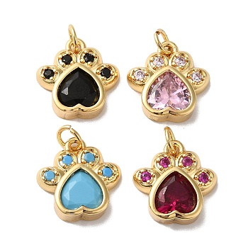 Rack Plating Brass Pave Cubic Zirconia Charms, with Glass & Jump Ring, Lead Free & Cadmium Free, Real 18K Gold Plated, Long-Lasting Plated, Cat's Paw Print Charm, Mixed Color, 14x13x4mm, Hole: 3.4mm