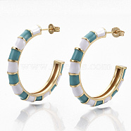 Brass Stud Earrings, Half Hoop Earrings, with Two Tone Enamel and Earring Backs, Real 18K Gold Plated, Bamboo Shape, Dark Turquoise, 33~34x33.5x4.5mm, Pin: 0.7mm(EJEW-S209-12A)