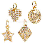 Beebeecraft 8Pcs 4 Style Brass Micro Pave Cubic Zirconia Charms, with Jump Rings, Long-Lasting Plated, Cadmium Free & Lead Free, Mixed Shapes, Light Gold, 10~13x10~11x2~3mm, Hole: 3mm, 2pcs/style(KK-BBC0003-44)