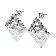 201 Stainless Steel Stud Earrings, with 304 Stainless Steel Pins, Textured Rhombus, Stainless Steel Color, 24x19mm(EJEW-K270-21P)