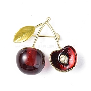 Resin Cherry Brooch Pin, Light Gold Alloy Fruit Badge for Backpack Clothes, Dark Red, 33x35x17mm(JEWB-I020-03LG)