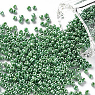 (Repacking Service Available) Glass Seed Beads, Opaque Colors Lustered, Round, Medium Sea Green, 6/0, 4mm, Hole: 1mm, about 12g/bag(SEED-C021-4mm-127)