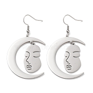 304 Stainless Steel Dangle Earrings, Moon, Stainless Steel Color, 57x34.5mm(EJEW-P271-13P)