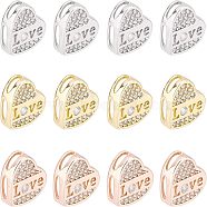 SUPERFINDINGS 12Pcs 3 Colors Brass Micro Pave Clear Cubic Zirconia Slide Charms, Long-Lasting Plated, Heart with Word LOVE, Mixed Color, 10x10.5x3.5mm, Hole: 4x1mm, 4pcs/color(KK-FH0002-83)