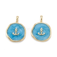 Brass Enamel Pendants, with Jump Rings, Long-Lasting Plated, Flat Round with Anchor, Deep Sky Blue, Real 18K Gold Plated, 18x14x2mm, Hole: 4x2.5mm(KK-A155-10G)