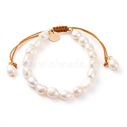 Adjustable Nylon Thread Braided Bead Bracelets, with Oval Natural Cultured Freshwater Pearl Beads and Flat Round Brass Charms, Real 18K Gold Plated, White, Inner Diameter: 2-1/8~3-1/2 inch(5.5~9cm)(BJEW-JB05802-04)