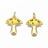 Autumn Theme Brass Micro Pave Cubic Zirconia Enamel Pendants, with Jump Rings, Nickel Free, Mushroom,Real 16K Gold Plated, Yellow, 16.5x14x2mm, Jump Ring: 5x0.8mm, 3mm inner diameter(ZIRC-Q200-023E-NF)