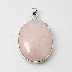 Gemstone Pendants, with Brass Findings and Rose Quartz, Oval, Platinum, Pink, 41x27.5x7.5mm, Hole: 3x6mm(G-G077-5)