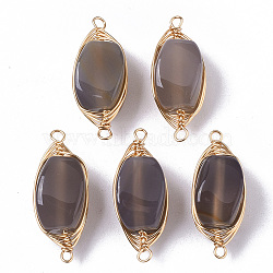 Natural Agate Links Connectors, Wire Wrapped Links, with Light Gold Tone Brass Wires, Rectangle, Gray, 22x9x8mm, Hole: 1.2~1.5mm(G-N326-19)