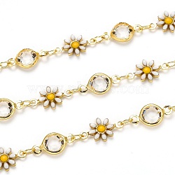 Handmade Brass Link Chains, with Clear Glass Rhinestone and Enamel, Spool, Long-Lasting Plated, Soldered, Daisy, Golden, Links: 12.8x7.5x2.1mm and 12.6x6.7x2.9mm(CHC-L039-27G)