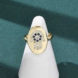 Adjustable Brass Micro Pave Cubic Zirconia Cuff Open Rings for Women, Oval with Hamsa Hand, Rack Plating, Long-Lasting Plated, Lead Free & Cadmium Free, Real 18K Gold Plated, 19.5mm, US Size 6(16.5mm)(RJEW-K264-06G)