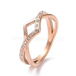 Crystal Rhinestone Wave Finger Ring, Ion Plating(IP) 304 Stainless Steel Jewelry for Women, Rose Gold, US Size 6~9(17.1~18.9mm)(RJEW-D120-15RG)