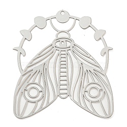 201 Stainless Steel Pendants, Etched Metal Embellishments, Moth Charm, Stainless Steel Color, 37.5x33x0.2mm, Hole: 1.2mm(STAS-D023-05P)