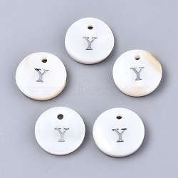 Natural Freshwater Shell Pendants, with Platinum Plated Iron Etched Metal Embellishments, Flat Round with Initial Letter, White, Letter.Y, 11x2mm, Hole: 1.5mm(X-SHEL-Q018-01A-Y-P)