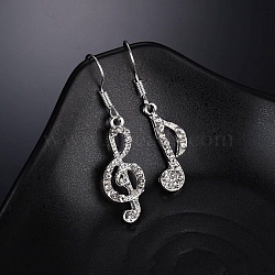 Musical Note Rhinestone Asymmetrical Earrings, Alloy Dangle Earrings, Platinum, 37~41x20mm(PW-WG64156-01)