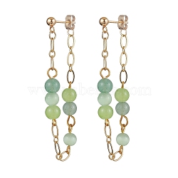 304 Stainless Steel Stud Earrings, with Glass & Green Aventurine, Round, Golden, 57x6mm(EJEW-JE06038)