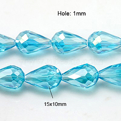 Electroplate Glass Faceted teardrop, Beads Strands, AB Color Plated, Light Blue, 15x10mm, Hole: 1mm, 50pcs/strand, 27.1 inch(X-EGLA-D015-15x10mm-22)