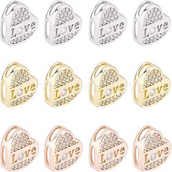 SUPERFINDINGS 12Pcs 3 Colors Brass Micro Pave Clear Cubic Zirconia Slide Charms, Long-Lasting Plated, Heart with Word LOVE, Mixed Color, 10x10.5x3.5mm, Hole: 4x1mm, 4pcs/color(KK-FH0002-83)