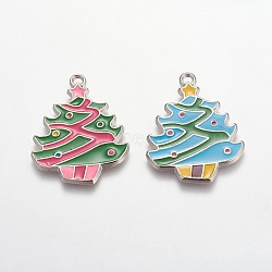 Alloy Enamel Pendants, Cadmium Free & Lead Free, Christmas Tree, Mixed Color, Platinum, about 37.5mm long, 29mm wide, 2mm thick, hole: 2mm(X-EAP003Y)