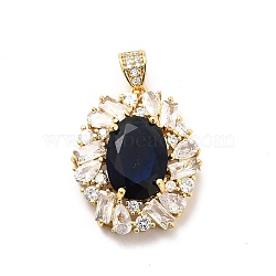 Brass Micro Pave Clear Cubic Zirconia Pendants, with Glass, Oval, Real 18K Gold Plated, Prussian Blue, 26x21.5x7mm, Hole: 4.5x3mm(KK-I695-015A)