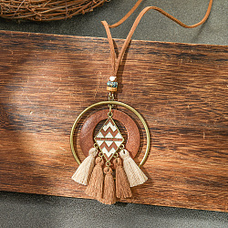 Bohemian Alloy & Wood Pendant Tassel Imitation Leather Cord Long Necklaces for Women, Antique Bronze, Peru, Rhombus, 15.75 inch(40cm)(FS-WG938A0-07)