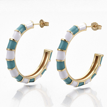 Brass Stud Earrings, Half Hoop Earrings, with Two Tone Enamel and Earring Backs, Real 18K Gold Plated, Bamboo Shape, Dark Turquoise, 33~34x33.5x4.5mm, Pin: 0.7mm