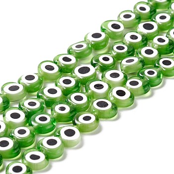Handmade Evil Eye Lampwork Beads Strands, Heart, Lime, 6~7x8x3mm, Hole: 1mm, about 47~49pcs/strand, 13.19~13.98 inch(33.5~35.5cm)