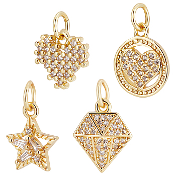 8Pcs 4 Style Brass Micro Pave Cubic Zirconia Charms, with Jump Rings, Long-Lasting Plated, Cadmium Free & Lead Free, Mixed Shapes, Light Gold, 10~13x10~11x2~3mm, Hole: 3mm, 2pcs/style