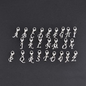Large Hole Platinum Plated Alloy Letter Pendant European Dangle Charms, Random Mixed Letters, 24~30mm, Hole: 5mm