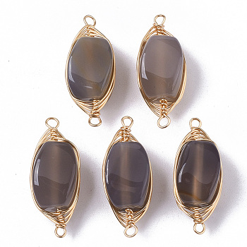 Natural Agate Links Connectors, Wire Wrapped Links, with Light Gold Tone Brass Wires, Rectangle, Gray, 22x9x8mm, Hole: 1.2~1.5mm